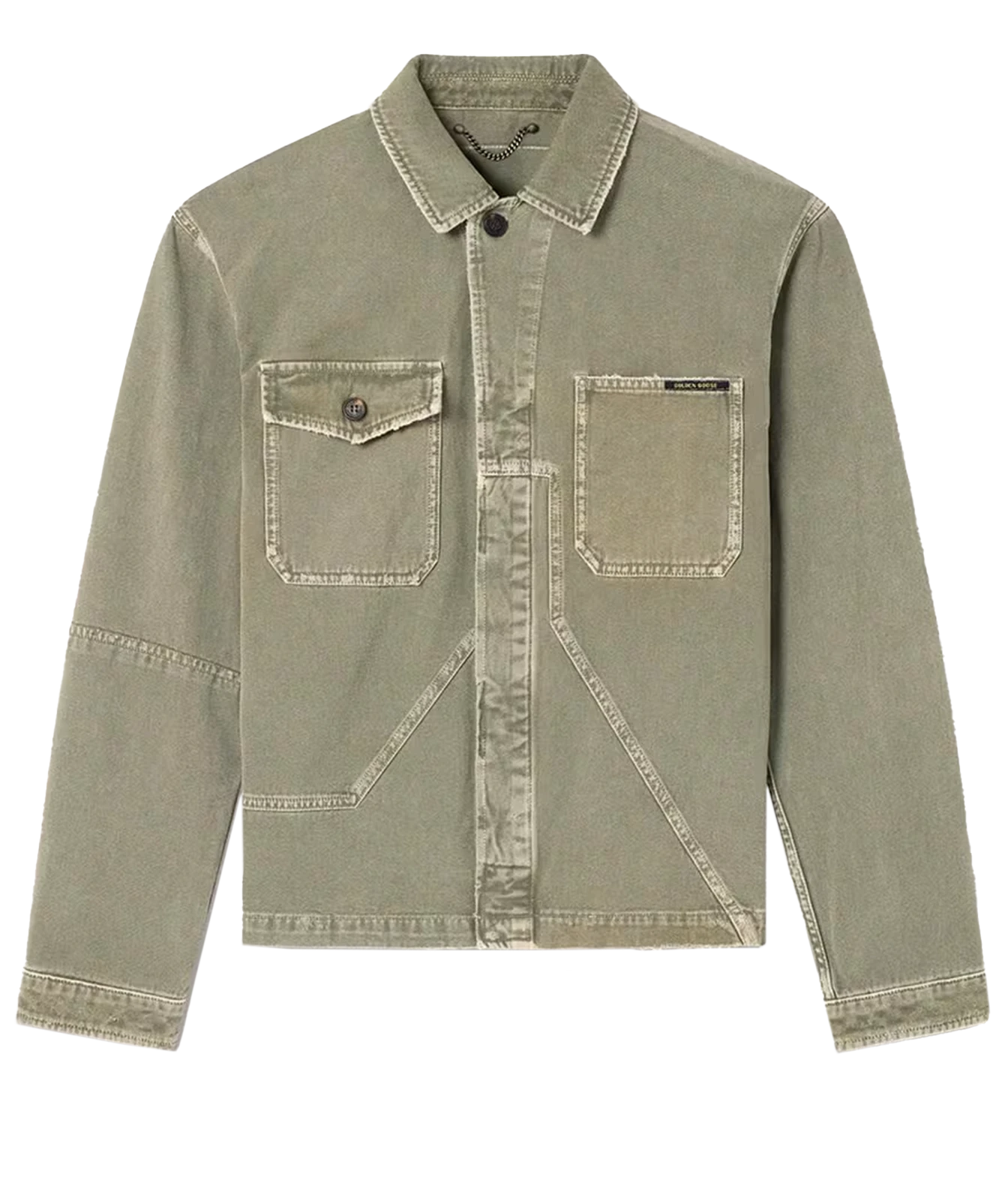 A light olive green denim jacket with a button-up front, two chest pockets, and contrast stitching, shown flat on a white background.