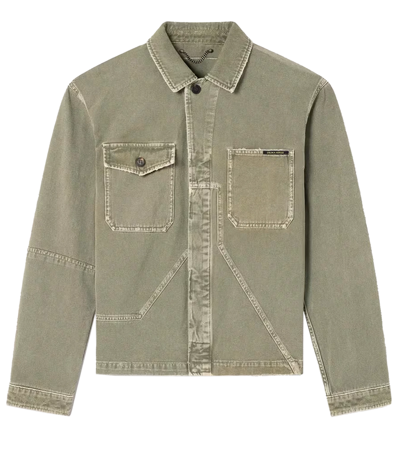 A light olive green denim jacket with a button-up front, two chest pockets, and contrast stitching, shown flat on a white background.