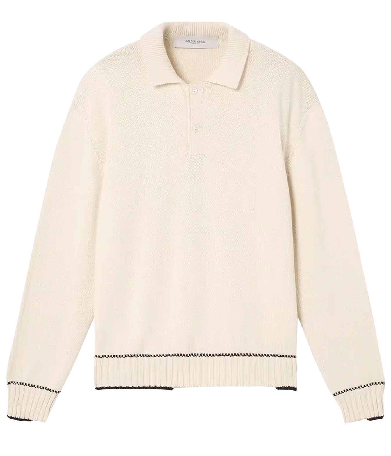 An off-white knit polo sweater with black contrast stitching along the hem and cuffs, displayed flat against a solid white background.