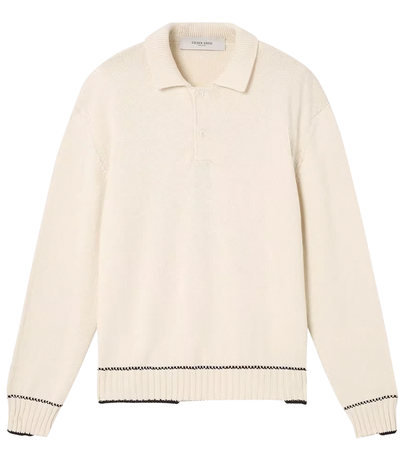 An off-white knit polo sweater with black contrast stitching along the hem and cuffs, displayed flat against a solid white background.