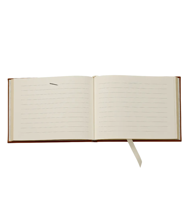 Taupe leather guest book with gilt-edged, lined archival pages, designed for weddings, business events, and special occasions.