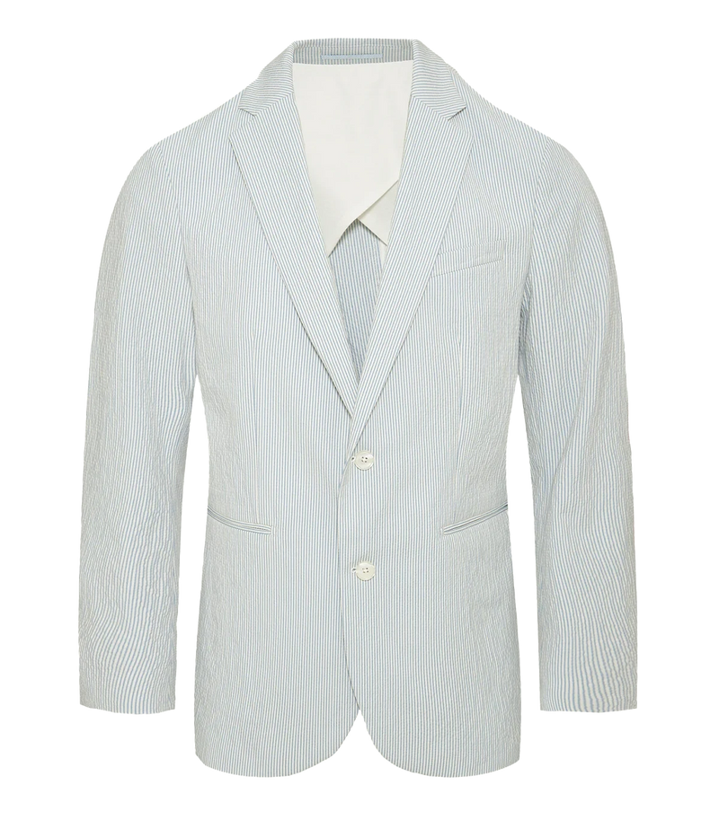 Men's striped Garret seersucker blazer with soft shoulders, tailored fit, and Italian-woven fabric – lightweight and effortlessly refined for summer