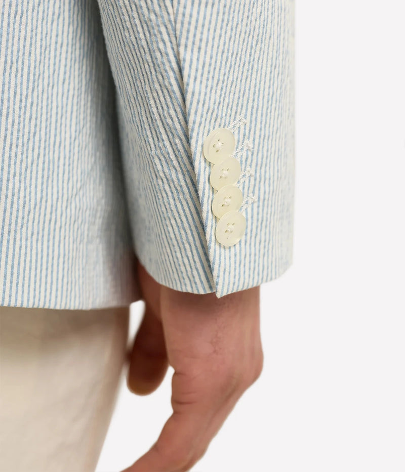 Men's striped Garret seersucker blazer with soft shoulders, tailored fit, and Italian-woven fabric – lightweight and effortlessly refined for summer