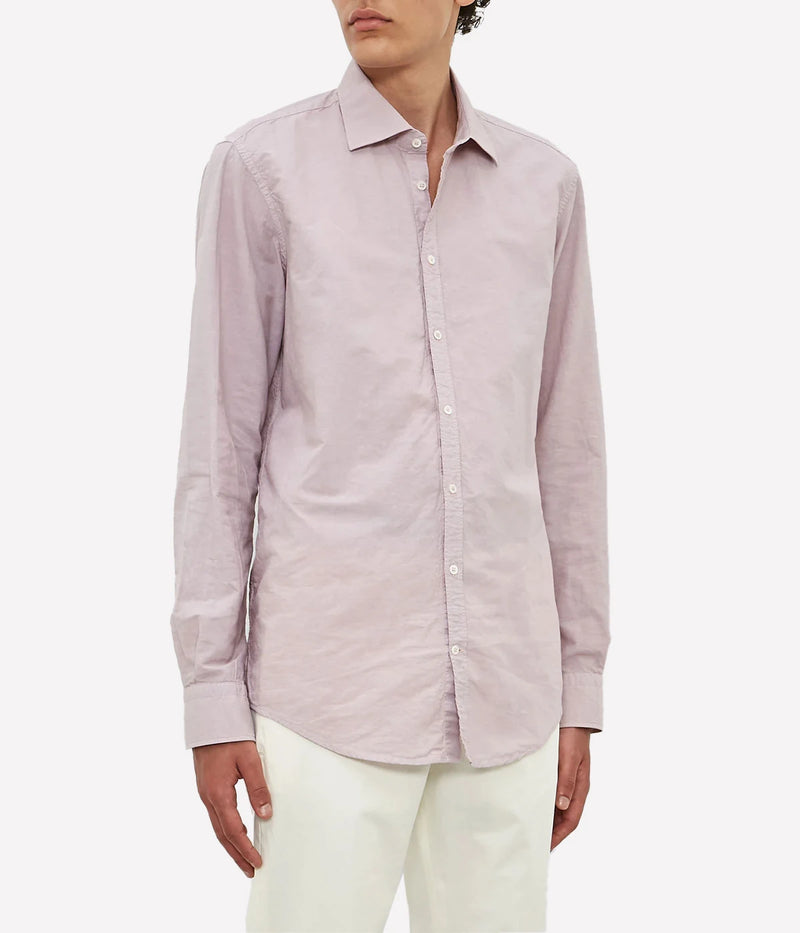 Men's striped cotton-linen shirt with a pointed collar, soft front placket, and embroidered initials.