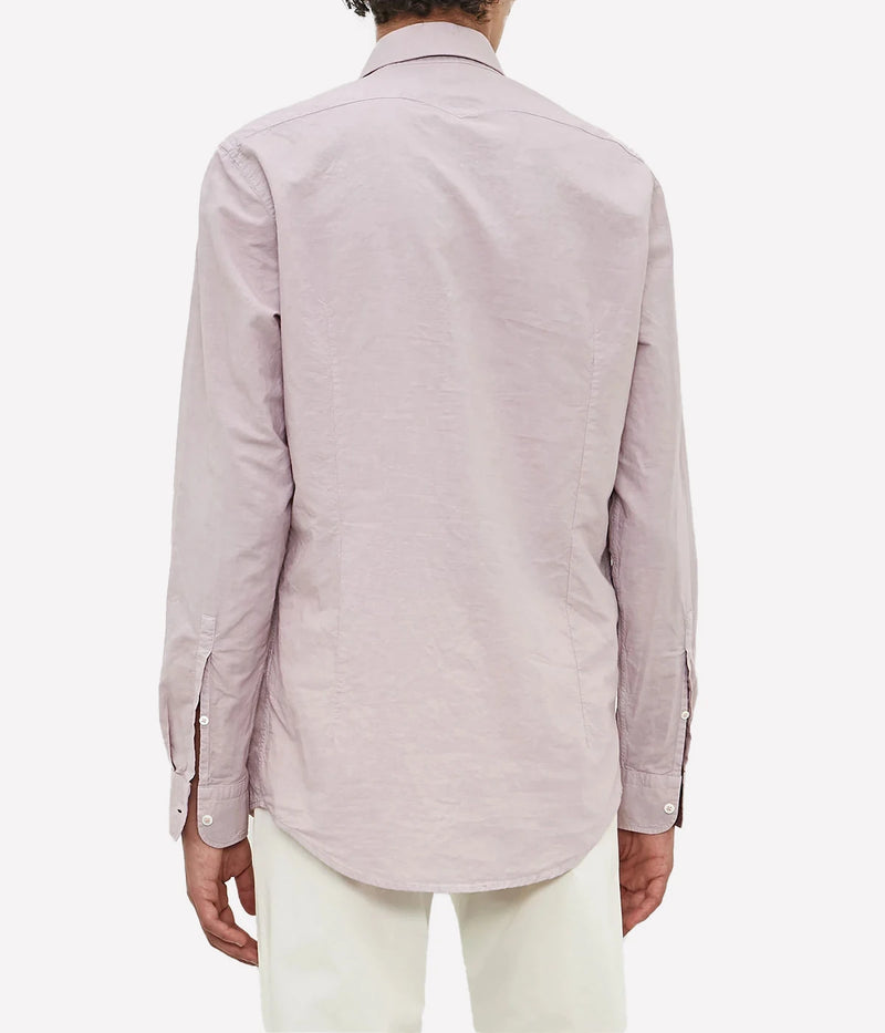 Men's striped cotton-linen shirt with a pointed collar, soft front placket, and embroidered initials.