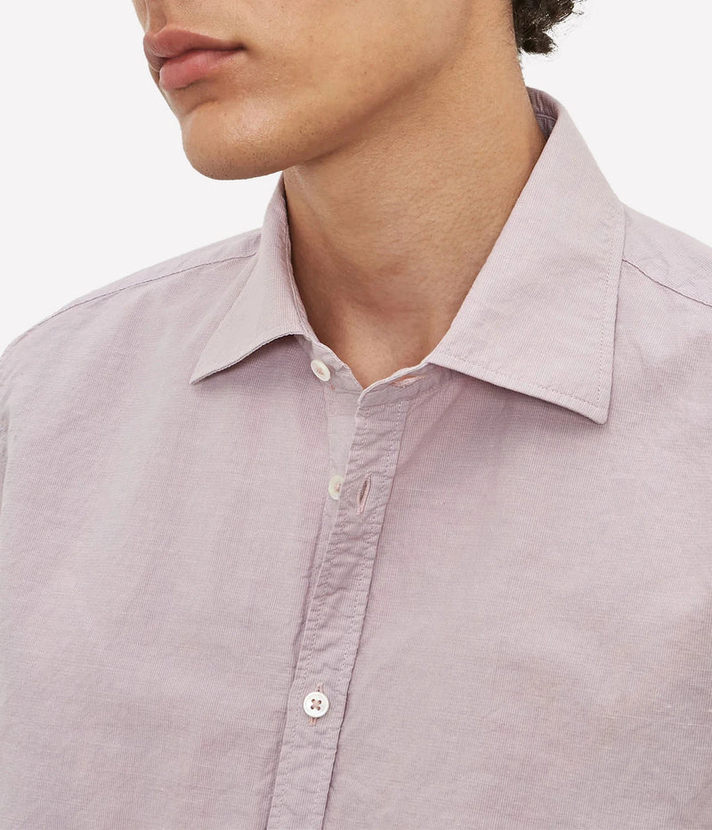 Men's striped cotton-linen shirt with a pointed collar, soft front placket, and embroidered initials.