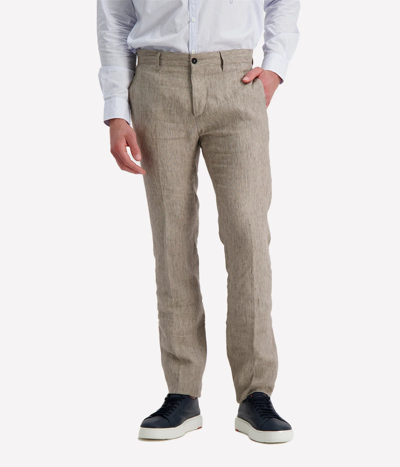 Massimo Alba Men's slim-fit flat-front linen trousers with a straight-leg cut, offering a polished yet relaxed look. Crafted from 100% breathable linen for effortless sophistication. Made in Italy.