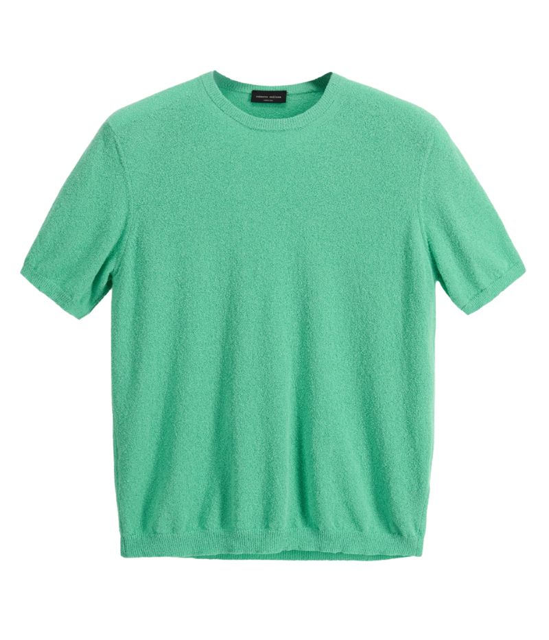 Green spongy-knit t-shirt with ribbed collar and cuffs, offering a sporty yet refined look in a soft cotton blend.