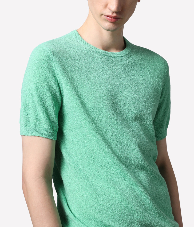 Green spongy-knit t-shirt with ribbed collar and cuffs, offering a sporty yet refined look in a soft cotton blend.