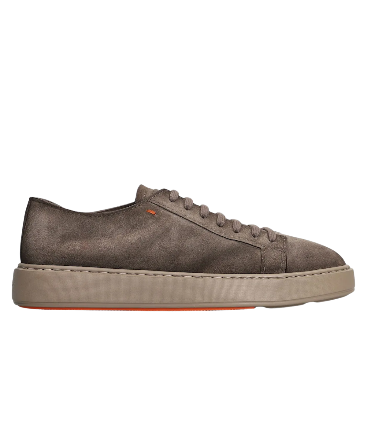Godfrey brown suede sneakers with round toe, lace-up front, embossed logo, and iconic coloured sole, made in Italy
