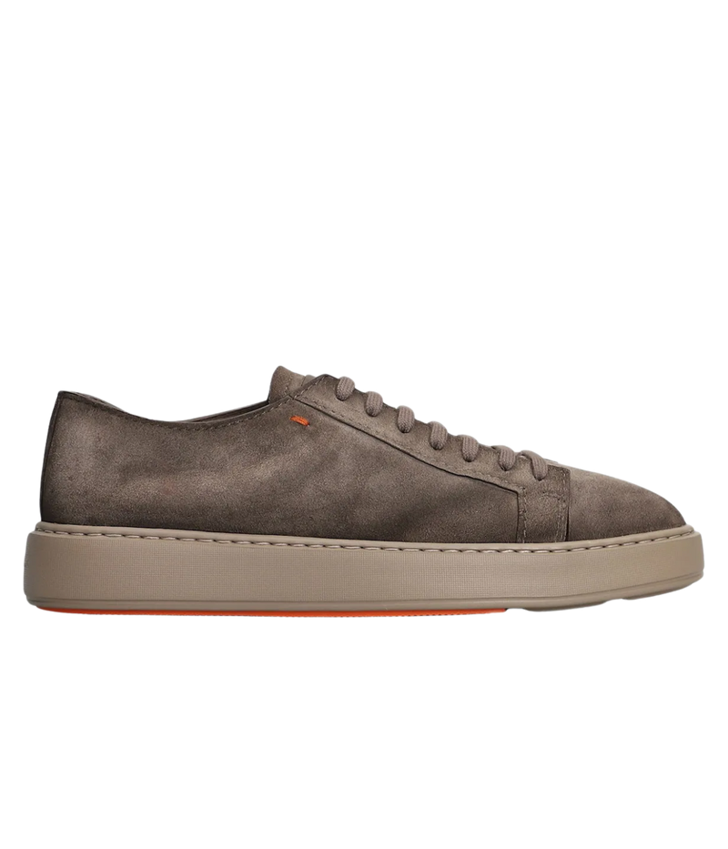 Godfrey brown suede sneakers with round toe, lace-up front, embossed logo, and iconic coloured sole, made in Italy