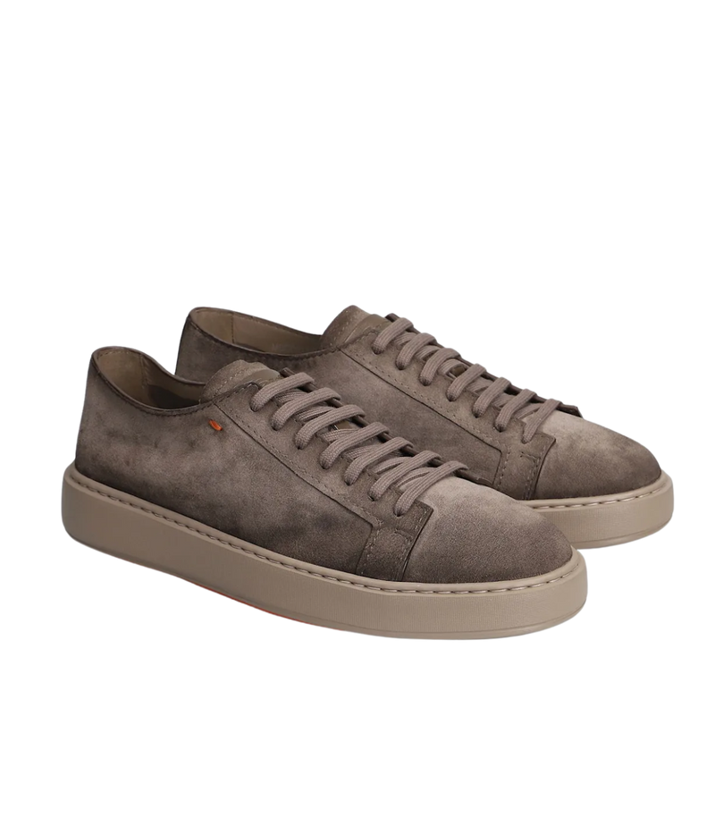 Godfrey brown suede sneakers with round toe, lace-up front, embossed logo, and iconic coloured sole, made in Italy