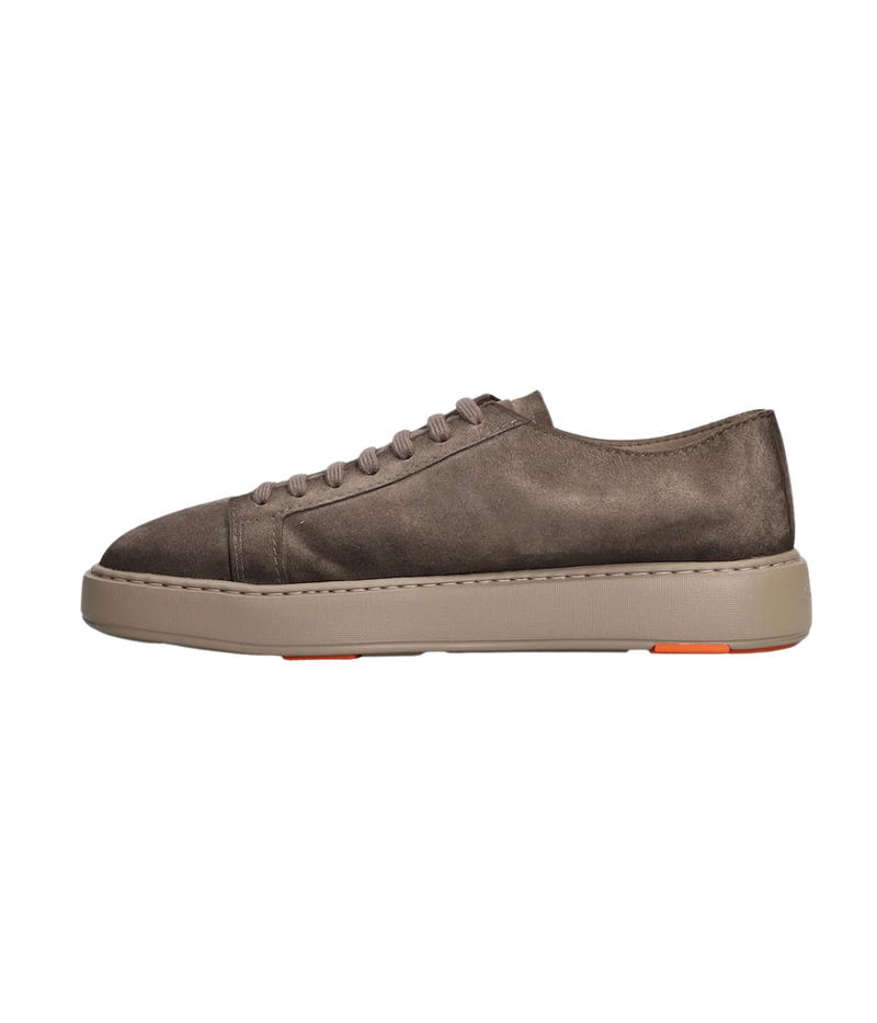 Godfrey brown suede sneakers with round toe, lace-up front, embossed logo, and iconic coloured sole, made in Italy