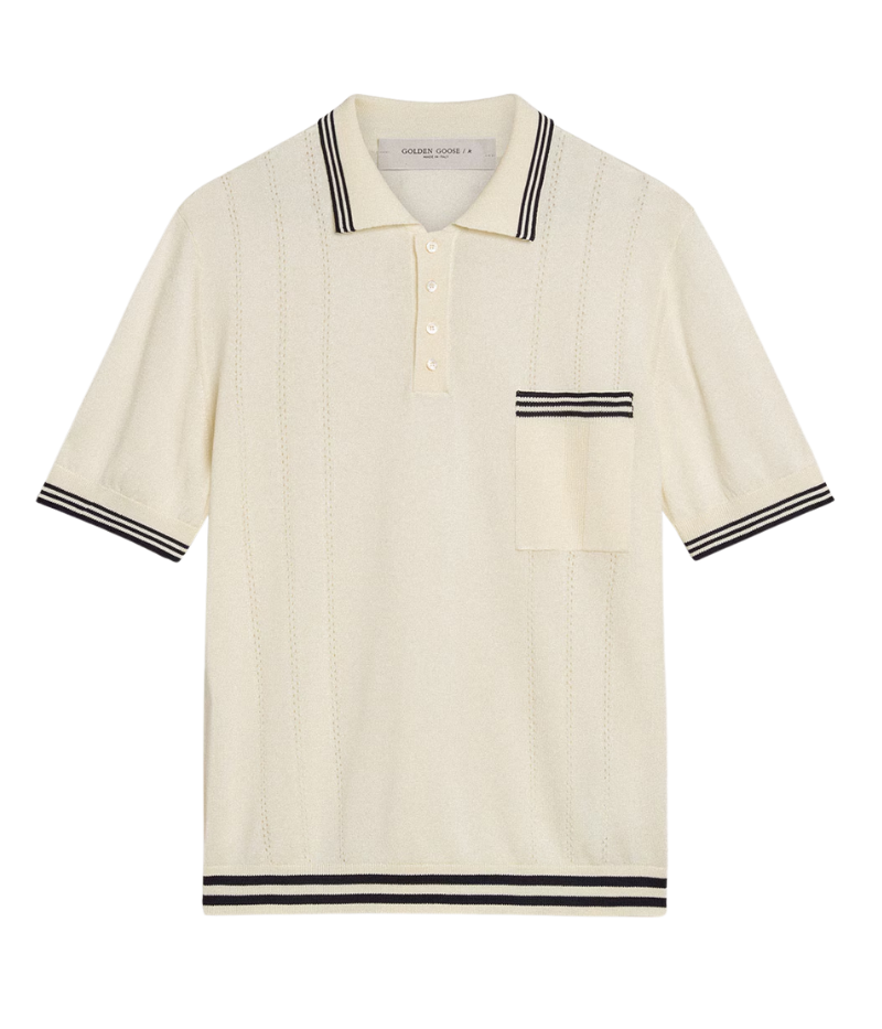 Golden Goose Journey Polo Shirt in worn white, crafted from soft knitted cotton-viscose with dark blue ribbing. Features a front pocket, mother-of-pearl buttons, and the signature double star on the back. Made in Italy.
