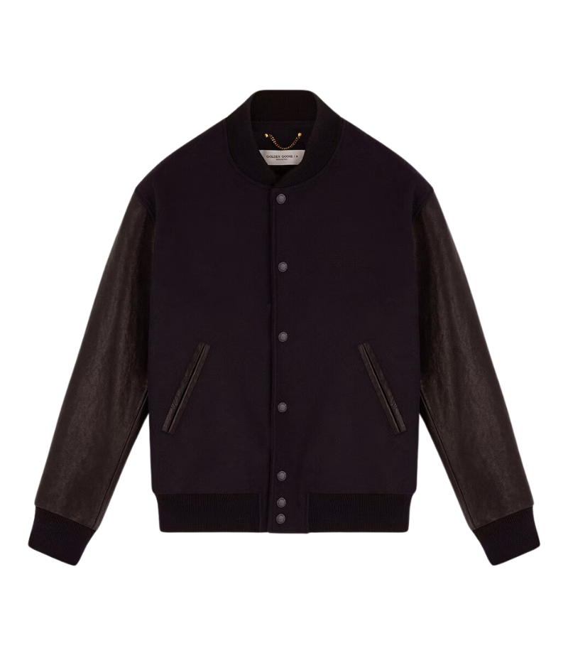 Golden Goose Golden Leather Bomber jacket in dark blue and black, featuring a wool blend body with distressed black leather sleeves and a signature double gold star detail on the back. Regular fit with button-up front, front pockets, and cotton lining for comfort. Crafted in Italy for a laid-back luxury look.