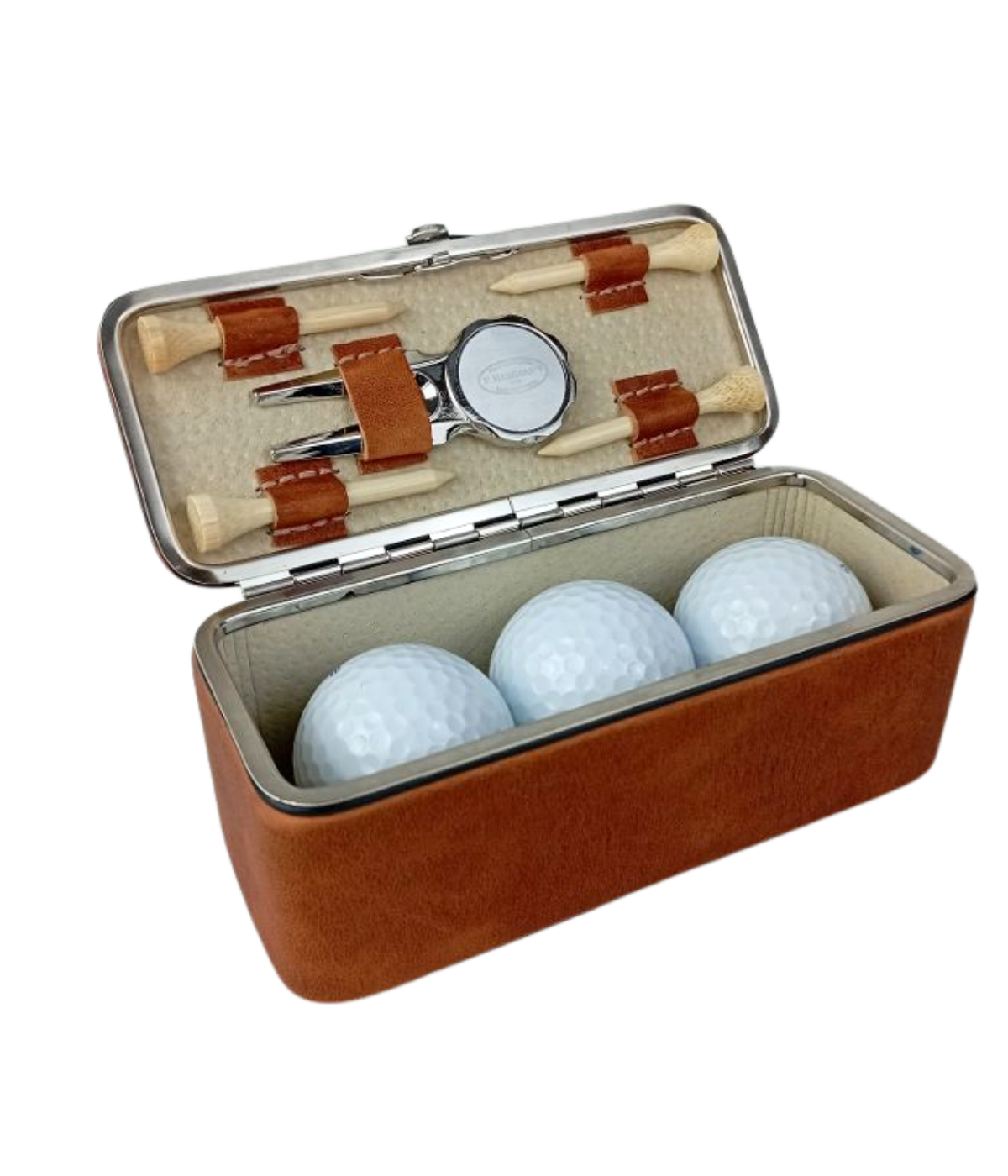 F. Hammann leather golf set handcrafted in Germany, with golf balls, tees, and metal divot tool in a compact bullhide leather case.