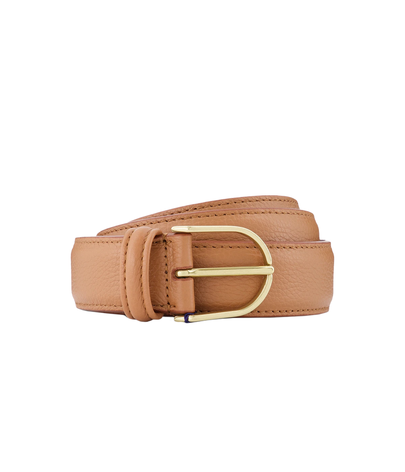 Tan grained leather belt with a gold-tone buckle—effortlessly stylish and perfect for everyday wear.