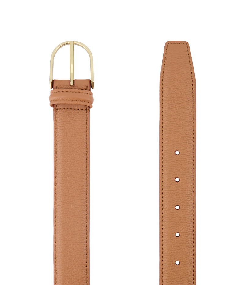 Tan grained leather belt with a gold-tone buckle—effortlessly stylish and perfect for everyday wear.