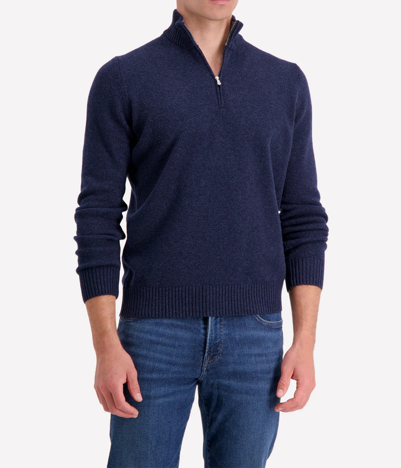 A classic mock zip sweater in 100% virgin wool, showcasing a sleek design and Italian craftsmanship, perfect for layering or standalone wear.