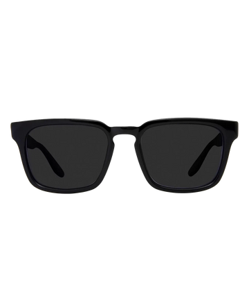 An elevated classic squared frame sunglass, with black acetate frame and black lenses. Summer staple, luxury eyewear, made in Italy.