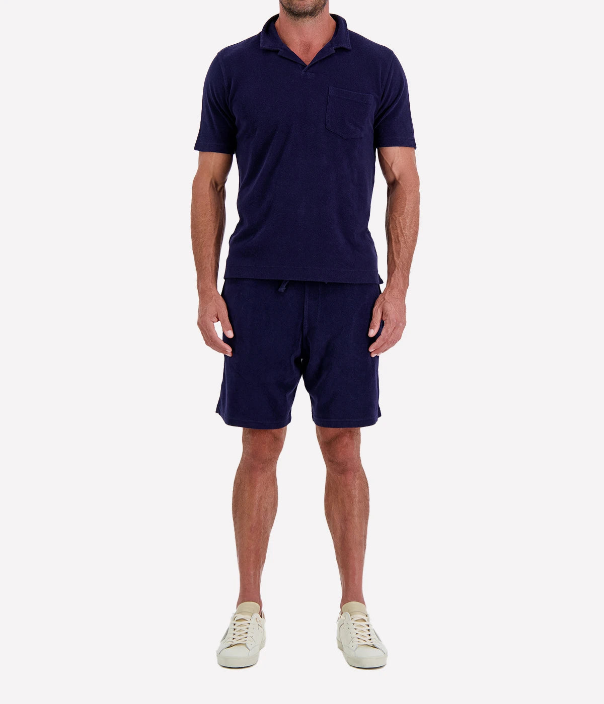 Men Knitted Bouclette Polo in Marine Blue