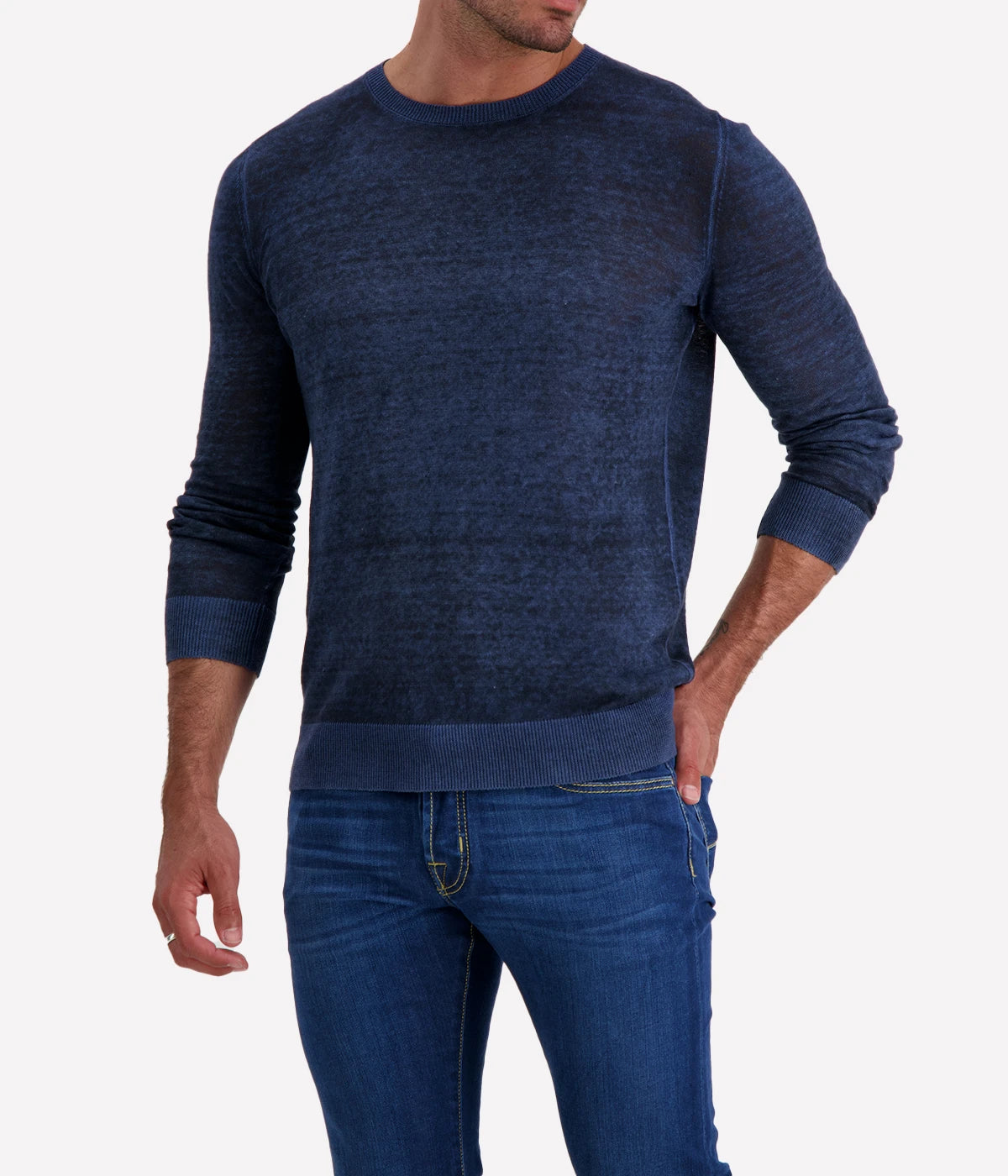 Hand Painted Round Neck Pullover in Blue Navy