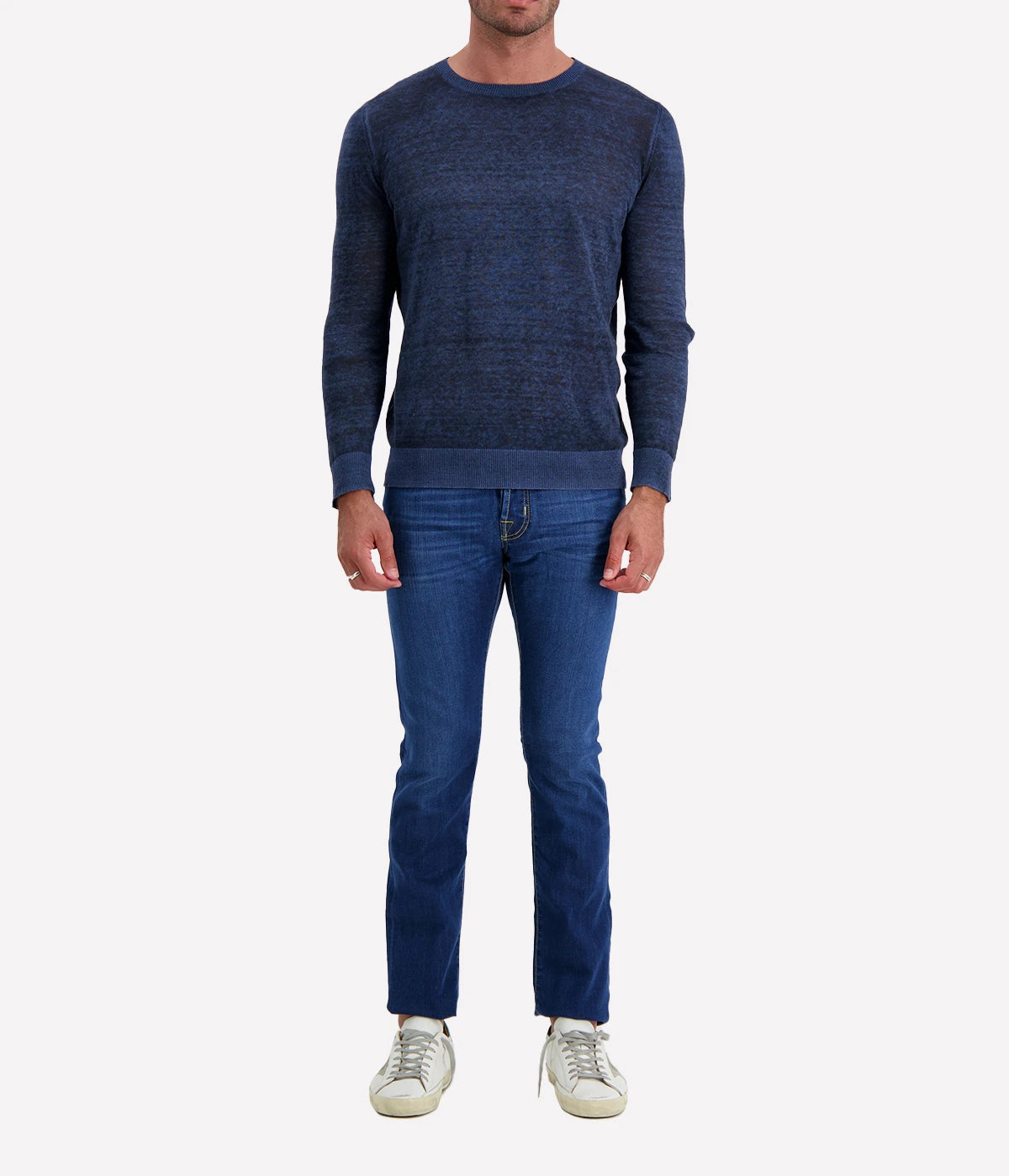 Hand Painted Round Neck Pullover in Blue Navy