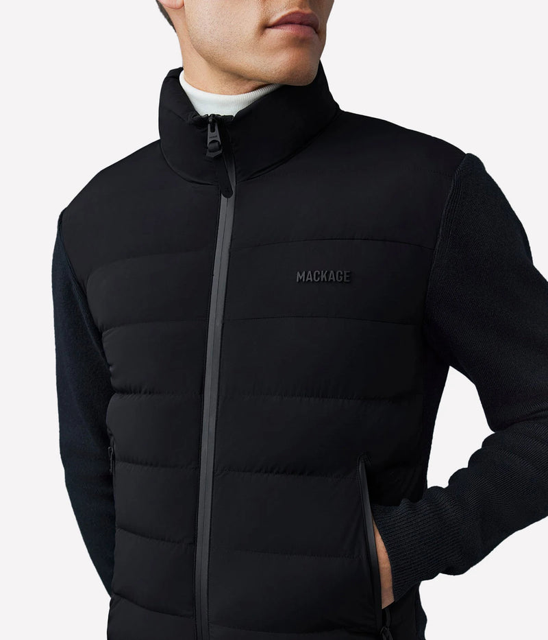 Mackage Haney Jacket in Black upper view on model highlighting front zip closure and structured collar design