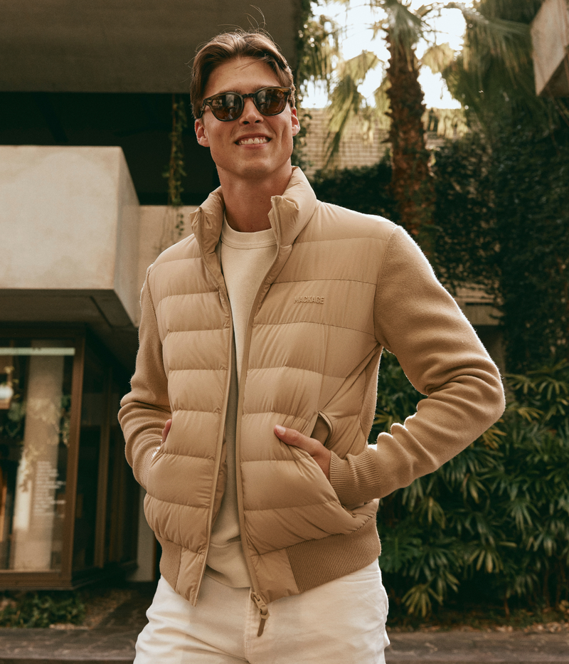 Mackage Haney Jacket in Light Camel upper body lifestyle shot showing cardigan-inspired silhouette and lightweight down fill