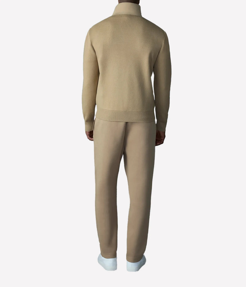 Mackage Haney Jacket in Light Camel back view on model displaying cardigan-style silhouette and flexible movement fit