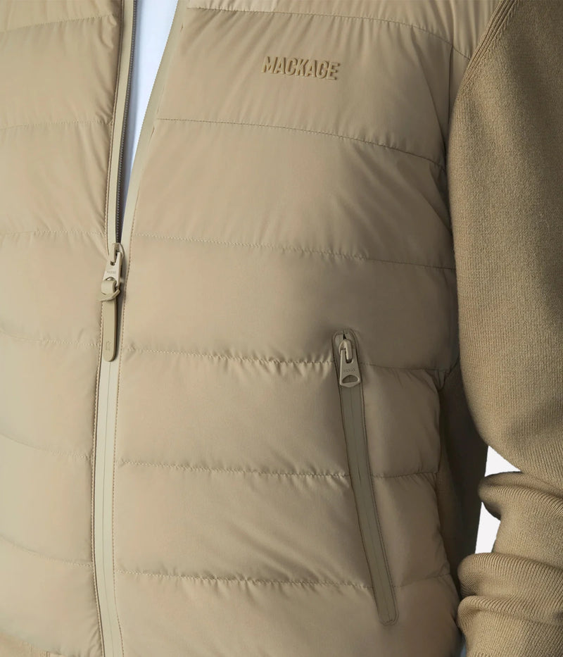 Mackage Haney Jacket in light camel close up shot highlighting zip pocket detail and water-resistant finish