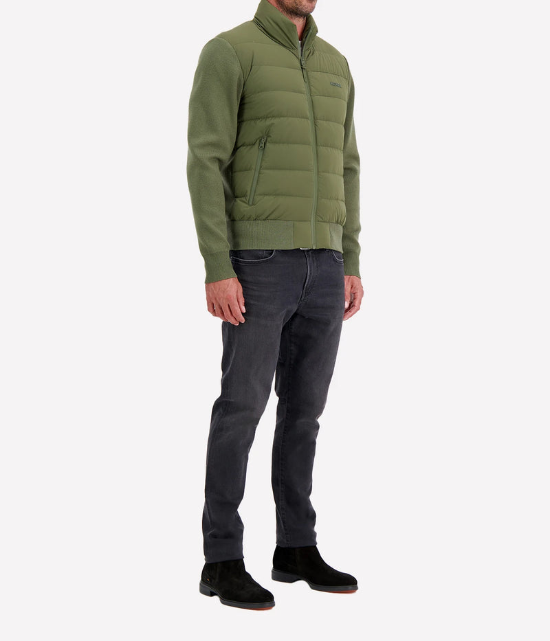 Mackage Haney Jacket in Light Military Angled full length on model showing cardigan-style silhouette