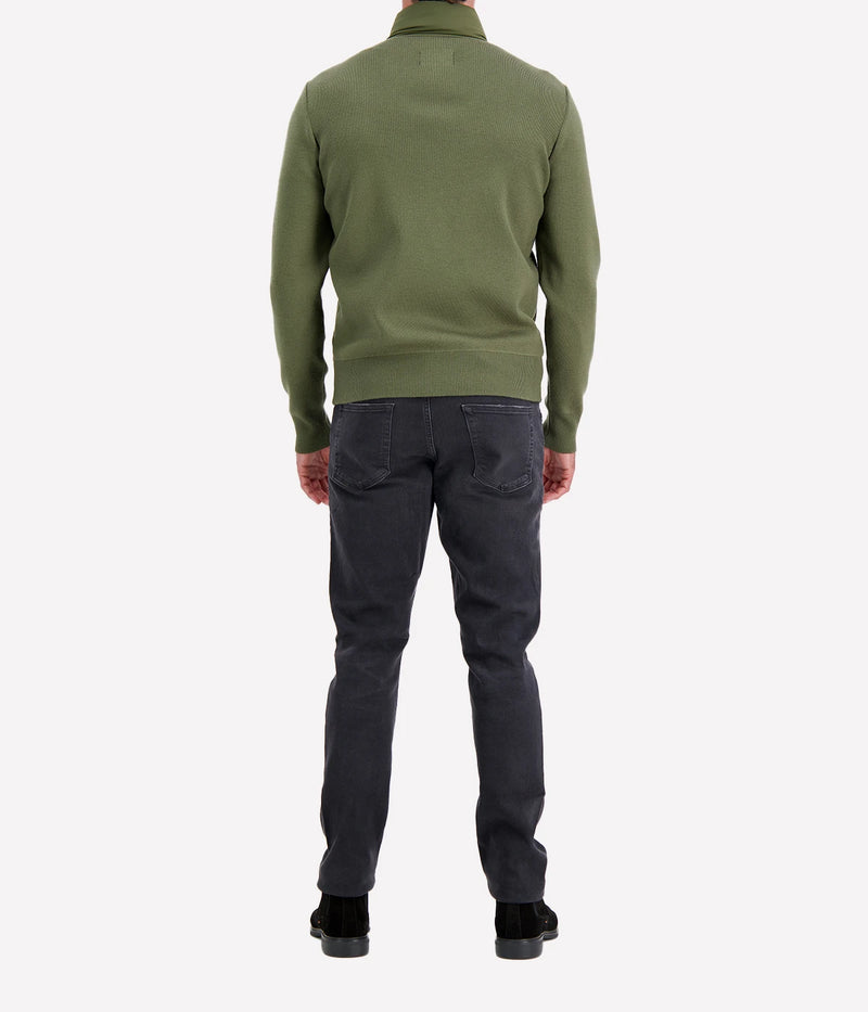 Mackage Haney Jacket in Light Military back view on model displaying cardigan-style silhouette and flexible movement fit