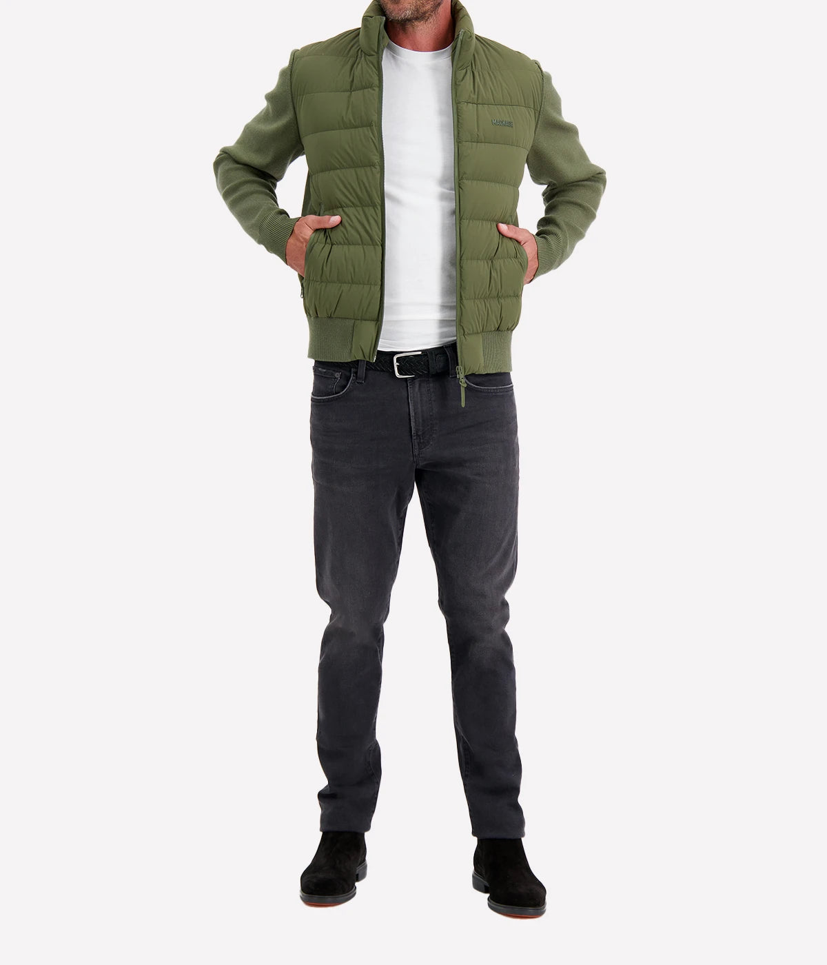 Mackage Haney Jacket in Light Military full length on model showing cardigan-style silhouette posing casually