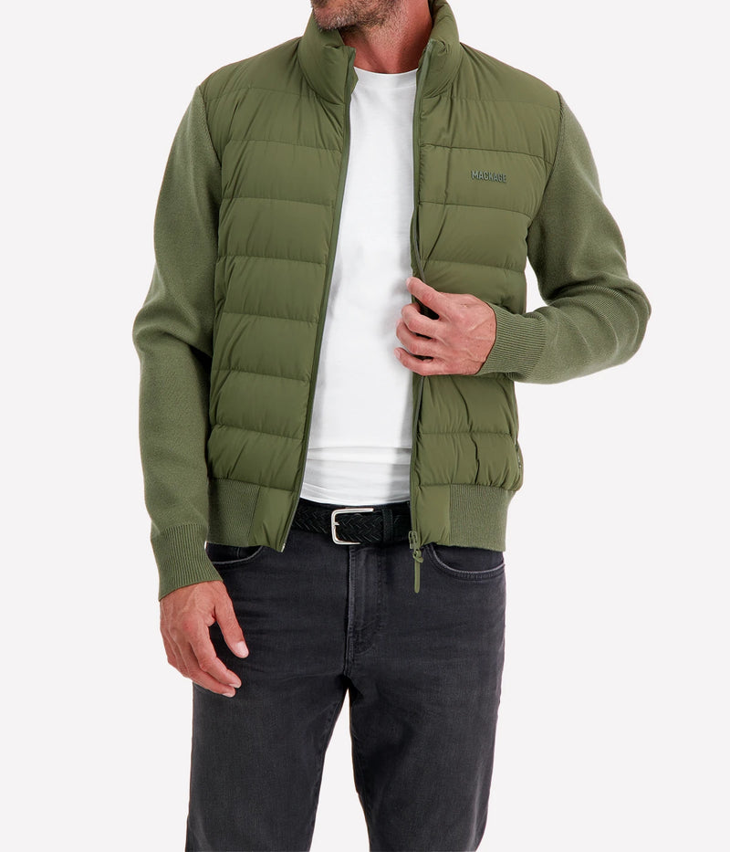 Mackage Haney Jacket in Light Military full length on model showing cardigan-style silhouette