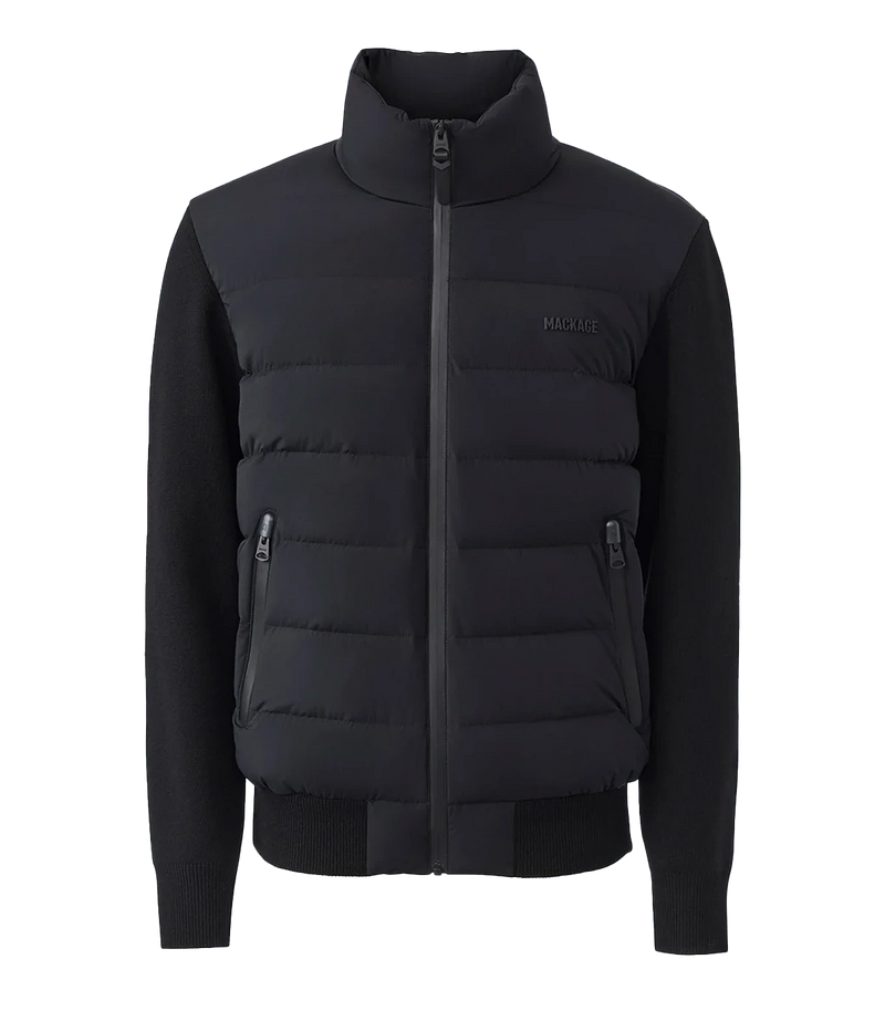 Mackage Haney Jacket in Black flat lay shot displaying lightweight down fill and cardigan-inspired design