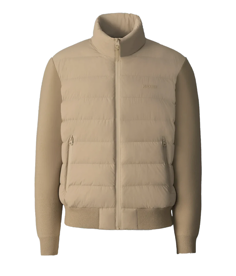 Mackage Haney Jacket in light camel flat lay shot displaying lightweight down fill and cardigan-inspired design