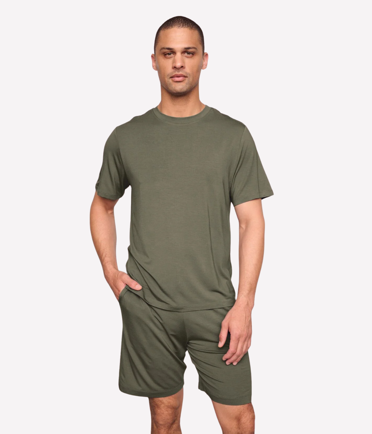 Smokey Olive men’s sleepwear set in TENCEL™ Modal with short sleeve top and elastic waistband shorts, soft, breathable, and OEKO-TEX® certified.