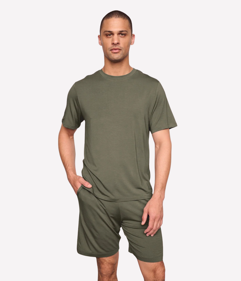 Smokey Olive men’s sleepwear set in TENCEL™ Modal with short sleeve top and elastic waistband shorts, soft, breathable, and OEKO-TEX® certified.
