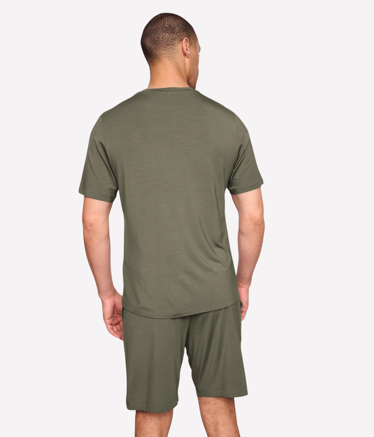 Smokey Olive men’s sleepwear set in TENCEL™ Modal with short sleeve top and elastic waistband shorts, soft, breathable, and OEKO-TEX® certified.