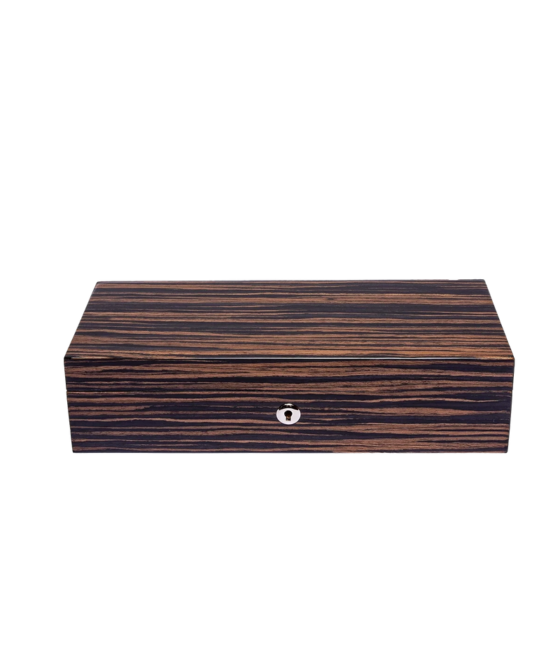 Rapport London Heritage Five watch box with a Macassar finish, gold-plated hinges, lock and key, adjustable suede-lined cushions, and a glossy high finish. Designed to hold five watches.