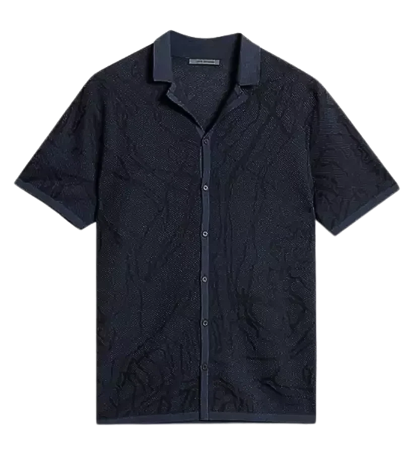 John Varvatos Holt Camp Shirt with a bouclé texture, hand-drawn jacquard pattern, camp collar, short sleeves, metal logo buttons, and jersey trim at the collar, cuffs, and hem.