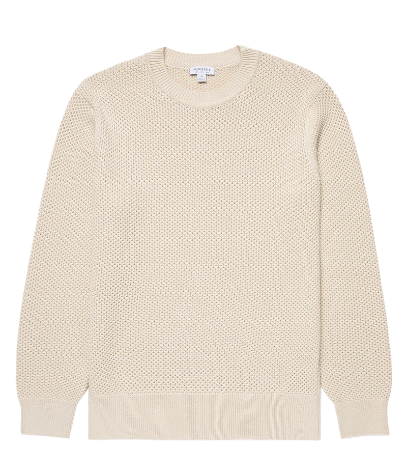 Ecru honeycomb-knit cotton sweater with ribbed trims and a clean tubular seam at the neck for a refined, effortless look.