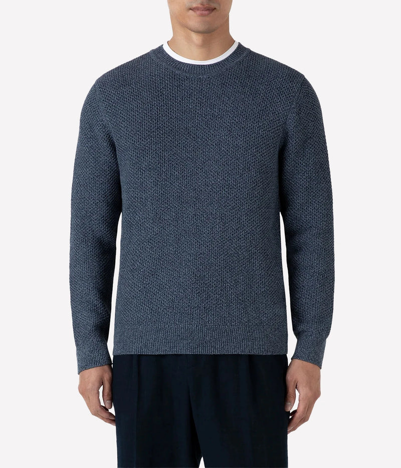 Honeycomb-knit cotton sweater with a soft, textured feel. Features a regular fit, ribbed trims, and a clean tubular seam at the neck for a refined finish.