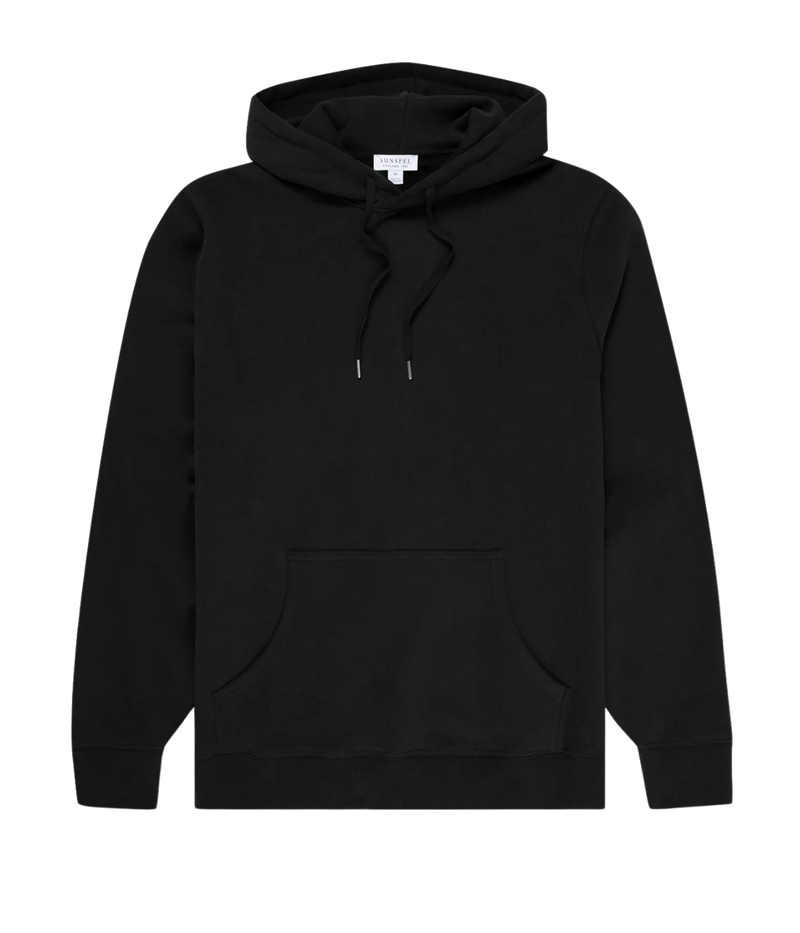 Men’s black loopback hoodie with double-layered hood, ribbed trims, and patch pocket—crafted from breathable cotton for year-round comfort.