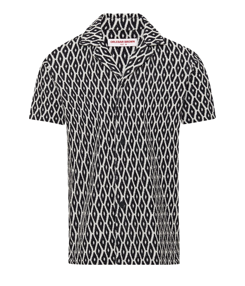 Navy short-sleeved jacquard geometric shirt in cotton towelling with Capri collar and relaxed fit – men’s beach club outfit