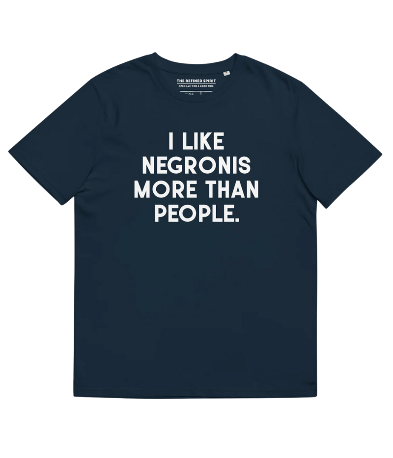 A classic-fit navy graphic tee with "I Like Negronis More Than People" printed in bold lettering. Made from 100% organic cotton for a soft and durable feel, this tee is perfect for cocktail lovers with a sense of humour.