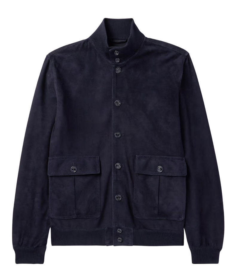The Valstar Suede Jacket, a modern twist on the classic A1 flight jacket, featuring a luxurious goat suede texture and ribbed trims for a sporty yet sophisticated silhouette.