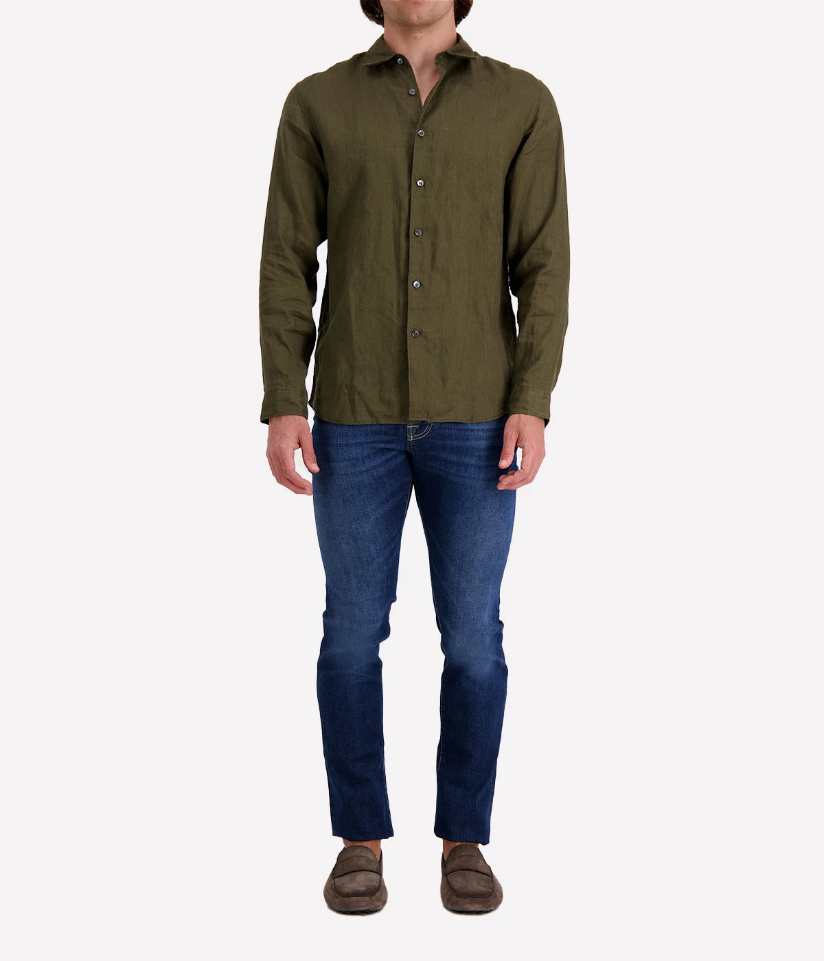 Irving Relaxed Linen Shirt in Dark Olive