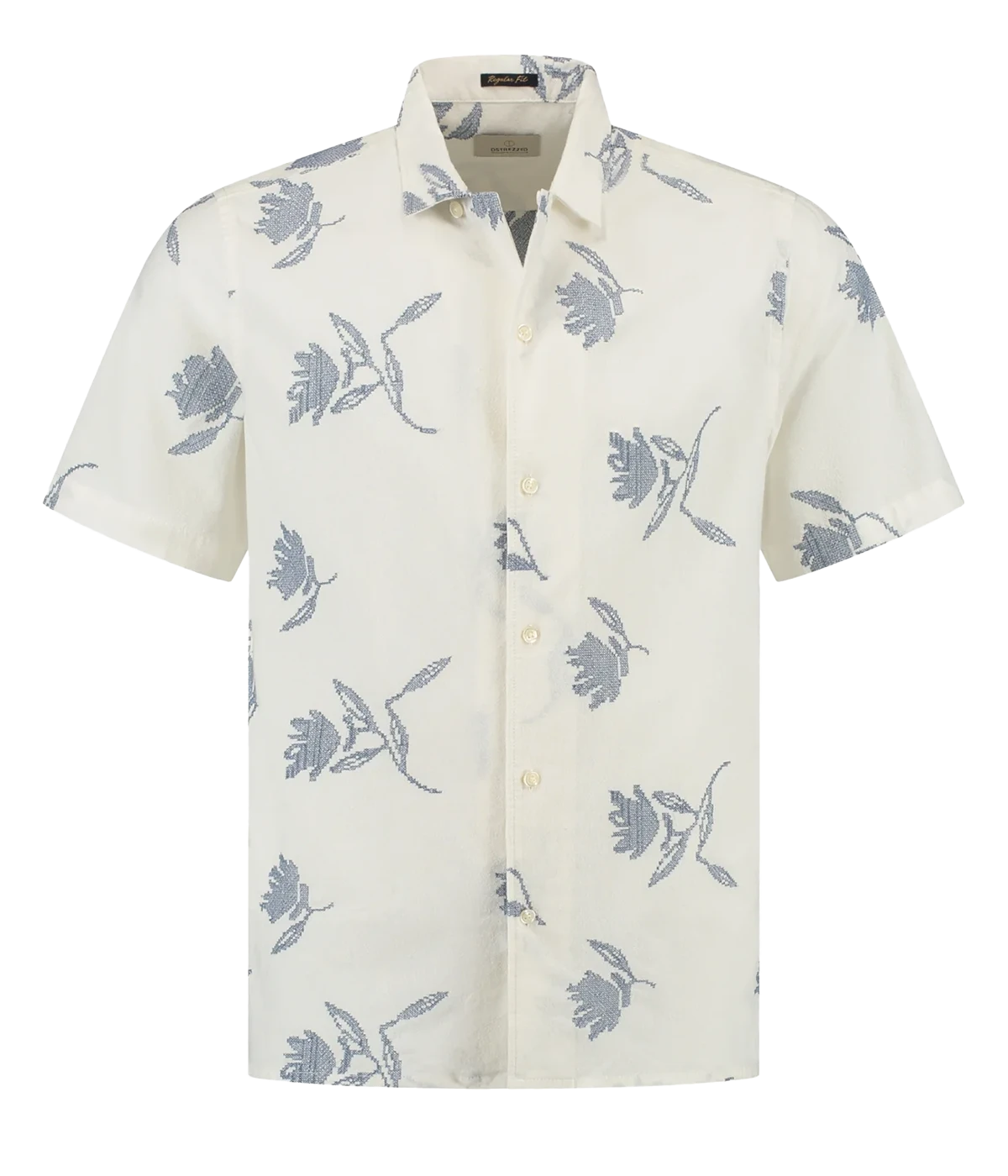 Men's short-sleeve resort shirt with a cross-stitch floral pattern in breathable BCI cotton, ideal for laid-back summer days